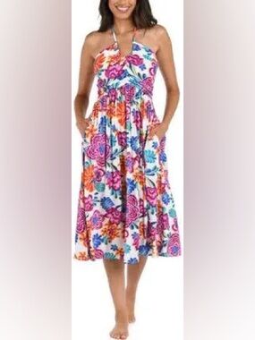 La Blanca White Midi Dress with Pink, Orange & Blue Floral Print